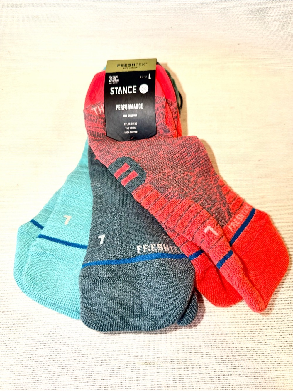 Stance Performance Tab height Athletic Socks - Orange Red, Teal, Gray 3 pack L
